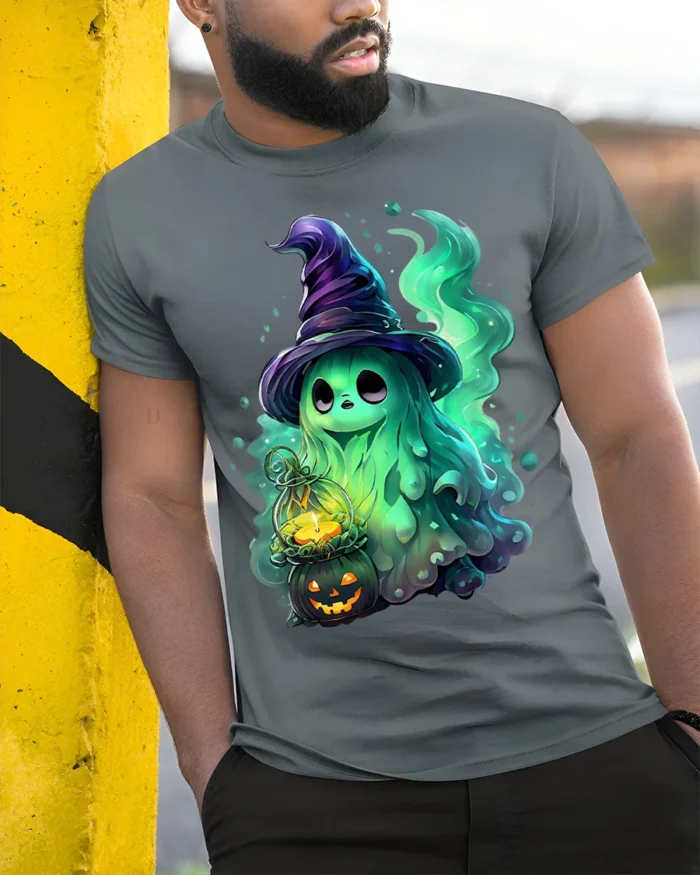 Cute Halloween Witch Ghost T-Shirt for Spooky Fun - model in grey shirt leaning against column