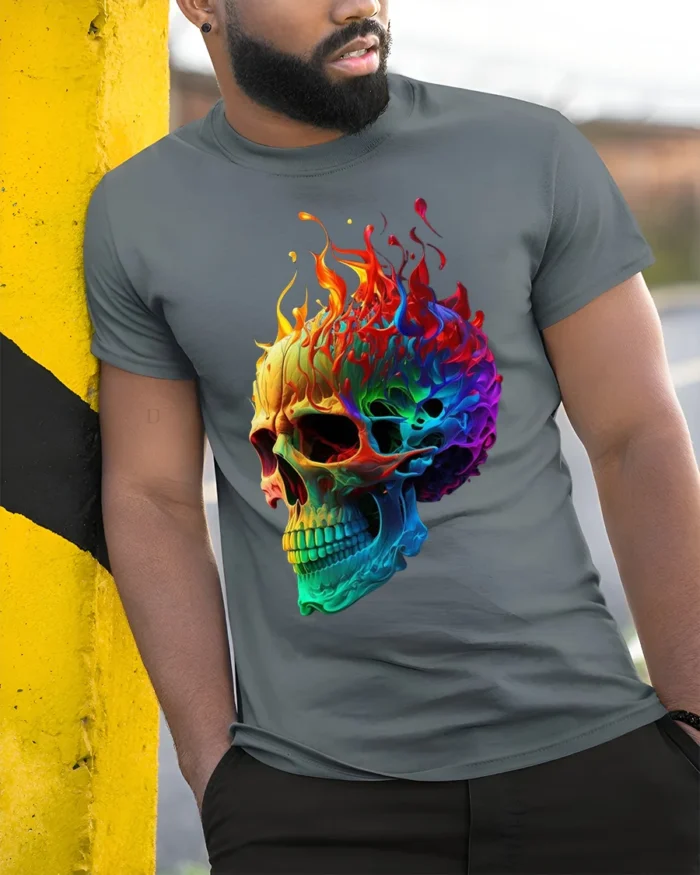 Rainbow Flame Skull T-Shirt for Bold Style Lovers - model in grey shirt leaning against column
