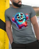 Colorful Happy Monster T-Shirt for Fun-Loving Vibes - model in grey shirt leaning against column