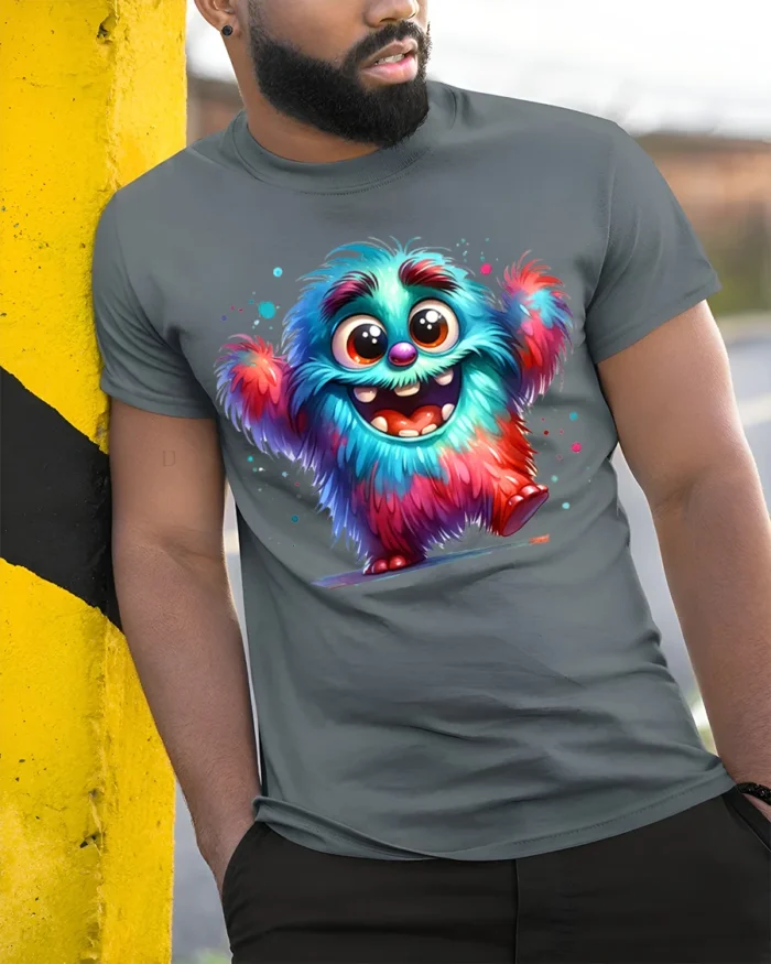 Colorful Happy Monster T-Shirt for Fun-Loving Vibes - model in grey shirt leaning against column