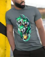 Three-Headed Green Wolf T-Shirt for Mythic Power - model in grey shirt leaning against column