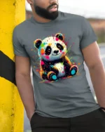 Color Splash Panda T-Shirt for Cute Artistic Style - model in grey shirt leaning against column