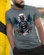 Crypt Keeper Skull T-Shirt with Eagle and Guitar - model in grey shirt leaning against column