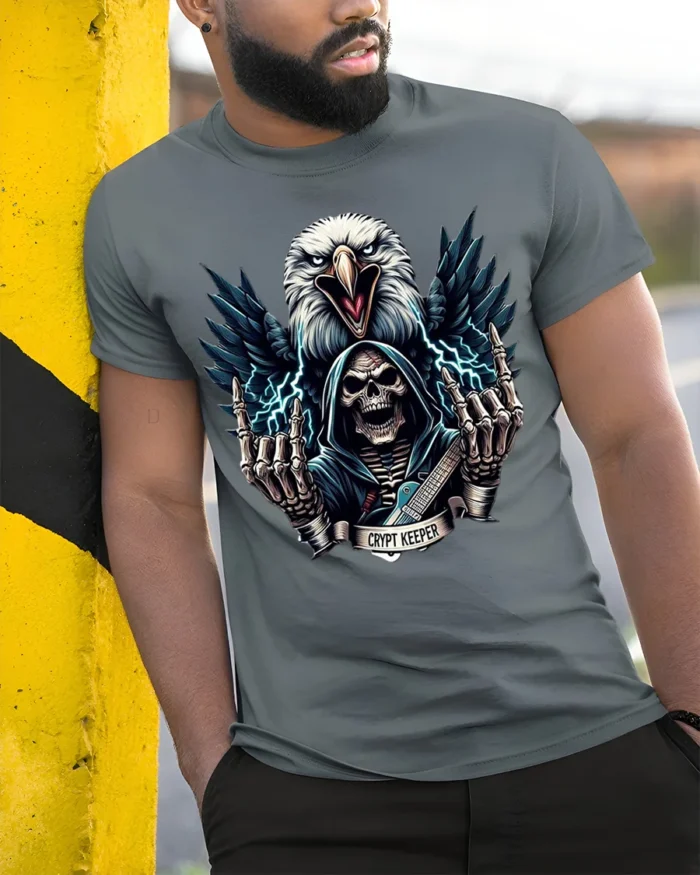 Crypt Keeper Skull T-Shirt with Eagle and Guitar - model in grey shirt leaning against column