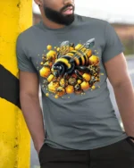 Honey Bee and Honeycomb T-Shirt for Nature Lovers - model in grey shirt leaning against column
