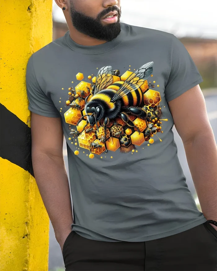 Honey Bee and Honeycomb T-Shirt for Nature Lovers - model in grey shirt leaning against column