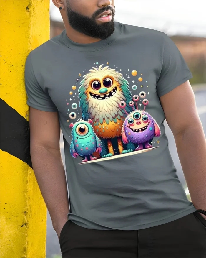 Cute Colorful Monster Family T-Shirt for Kids and Fun - model in grey shirt leaning against column