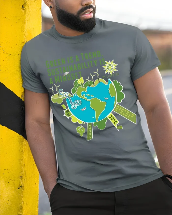 Green Trend Sustainability Mindset Eco-Friendly T-Shirt - model in grey shirt leaning against column