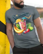 Summer Vibes Fruit Drink T-Shirt Cool Tropical Tee - model in grey shirt leaning against column