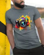 Colorful Camera Photographer T-Shirt Retro Art Style - model in grey shirt leaning against column