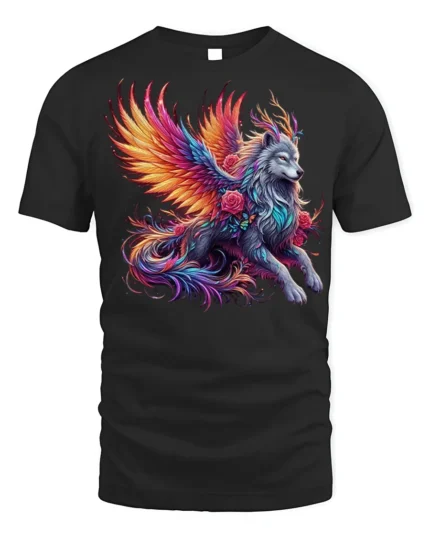 Mystic Winged Wolf Fantasy Art T-shirt for Men - black t-shirt on white background