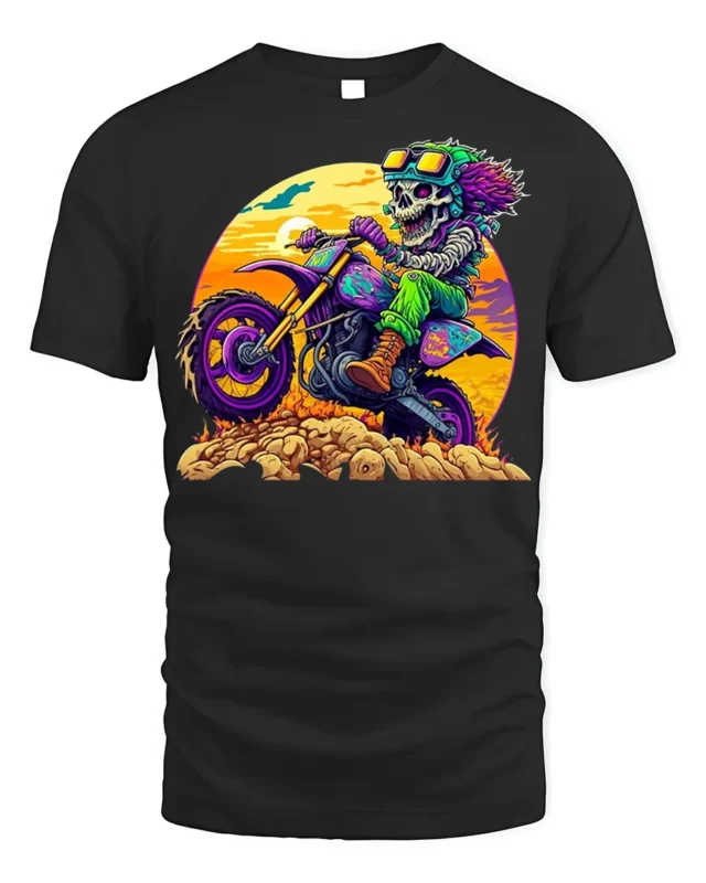 Psychedelic Skeleton Dirt Bike Rider T-Shirt - black t-shirt on white background