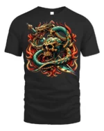 Flaming Skull Snake Sword Graphic T-Shirt - black t-shirt on white background