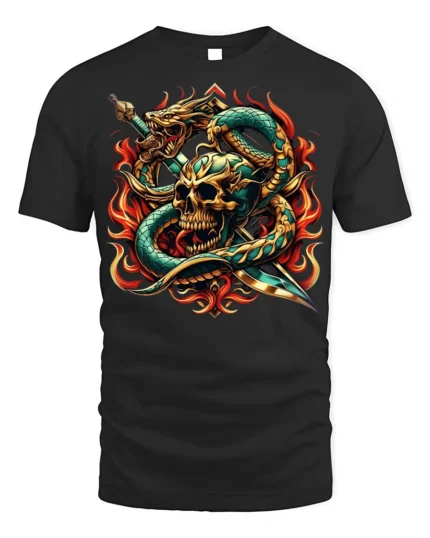 Flaming Skull Snake Sword Graphic T-Shirt - black t-shirt on white background