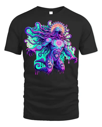 Psychedelic Cosmic Deity Graphic T-Shirt - black t-shirt on white background