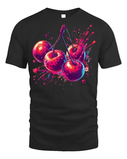 Neon Cherry Splash Fruit Art T-Shirt - black t-shirt on white background