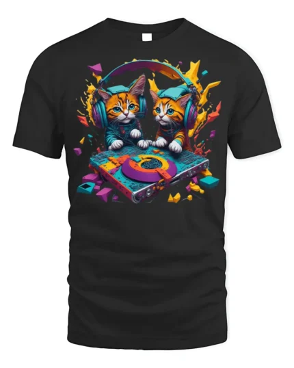 DJ Kittens Party Mix Graphic T-Shirt for Cat Fans - black t-shirt on white background