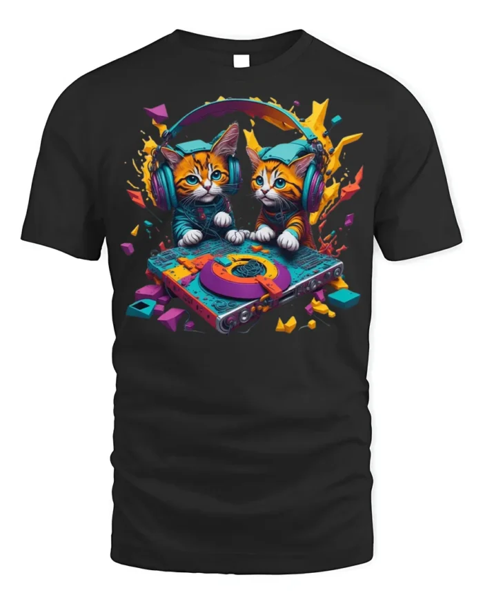 DJ Kittens Party Mix Graphic T-Shirt for Cat Fans - black t-shirt on white background