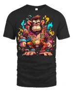Colorful Crazy Monkey Street Art T-Shirt - black t-shirt on white background