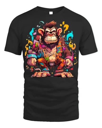 Colorful Crazy Monkey Street Art T-Shirt - black t-shirt on white background
