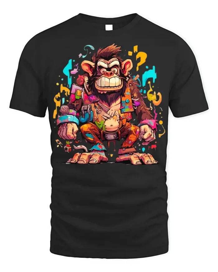 Colorful Crazy Monkey Street Art T-Shirt - black t-shirt on white background
