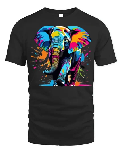 Color Splash Elephant Graphic Animal T-Shirt - black t-shirt on white background