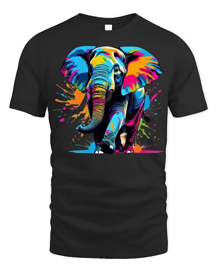 Color Splash Elephant Graphic Animal T-Shirt - black t-shirt on white background