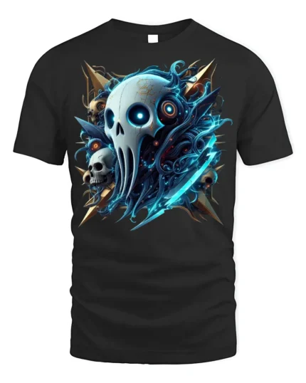 Cyber Reaper Skull T-shirt Gothic Tech Style Tee - black t-shirt on white background