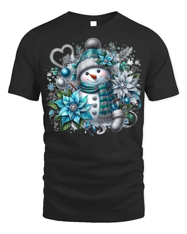 Snowman Christmas T-shirt with Blue Floral Design - black t-shirt on white background