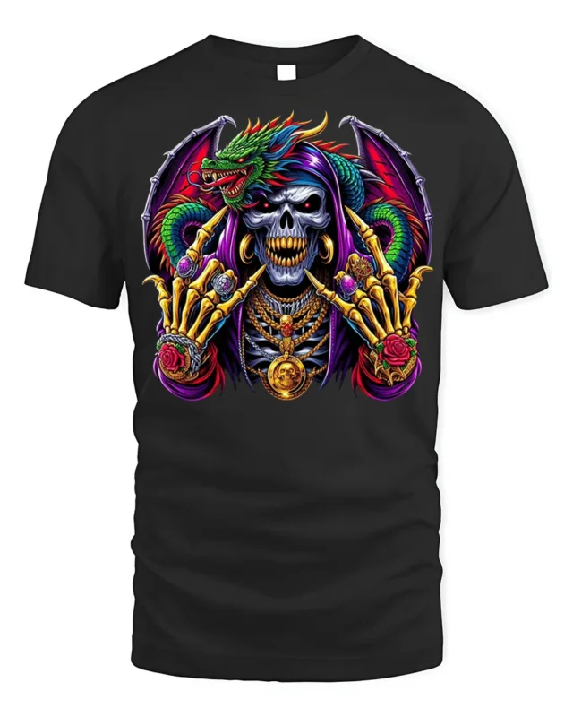 Grim Reaper Dragon T-shirt with Gothic Artwork - black t-shirt on white background