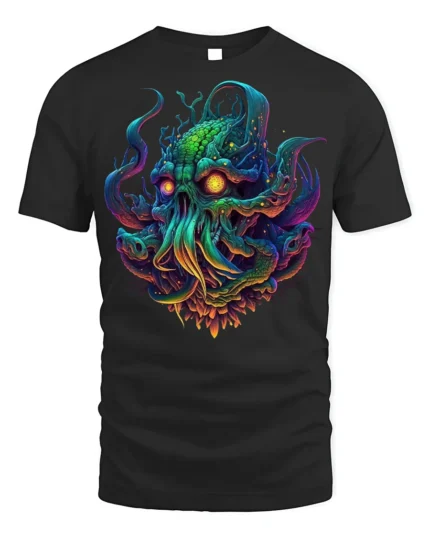 Psychedelic Cthulhu Skull Monster T-shirt - black t-shirt on white background