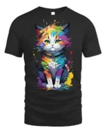 Colorful Paint Splash Cat Graphic T-shirt - black t-shirt on white background
