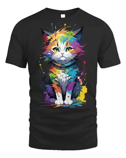 Colorful Paint Splash Cat Graphic T-shirt - black t-shirt on white background