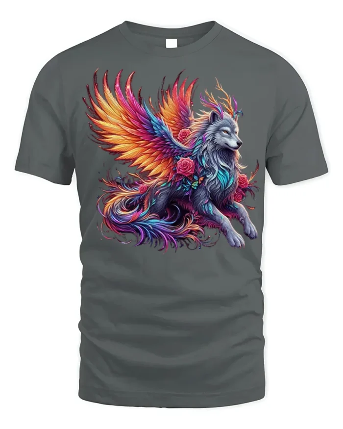 Mystic Winged Wolf Fantasy Art T-shirt for Men - gray t-shirt on white background