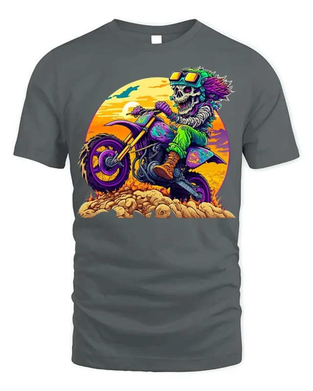 Psychedelic Skeleton Dirt Bike Rider T-Shirt - gray t-shirt on white background