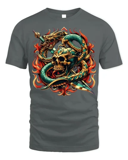 Flaming Skull Snake Sword Graphic T-Shirt - gray t-shirt on white background