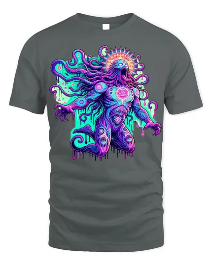 Psychedelic Cosmic Deity Graphic T-Shirt - gray t-shirt on white background