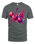 Neon Cherry Splash Fruit Art T-Shirt - gray t-shirt on white background
