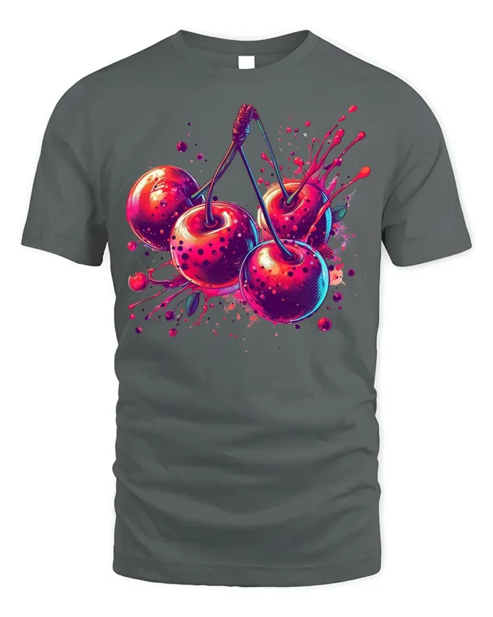 Neon Cherry Splash Fruit Art T-Shirt - gray t-shirt on white background