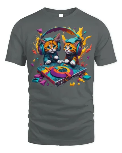 DJ Kittens Party Mix Graphic T-Shirt for Cat Fans - gray t-shirt on white background