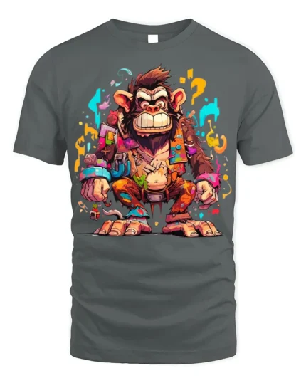Colorful Crazy Monkey Street Art T-Shirt - gray t-shirt on white background