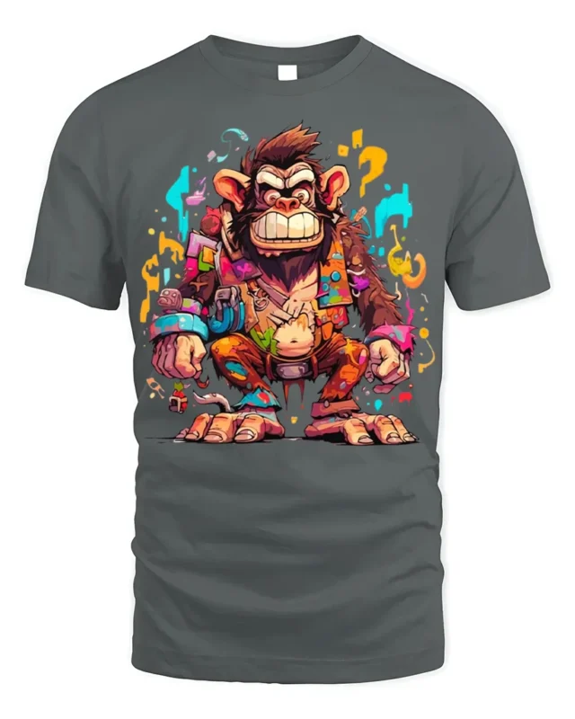 Colorful Crazy Monkey Street Art T-Shirt - gray t-shirt on white background