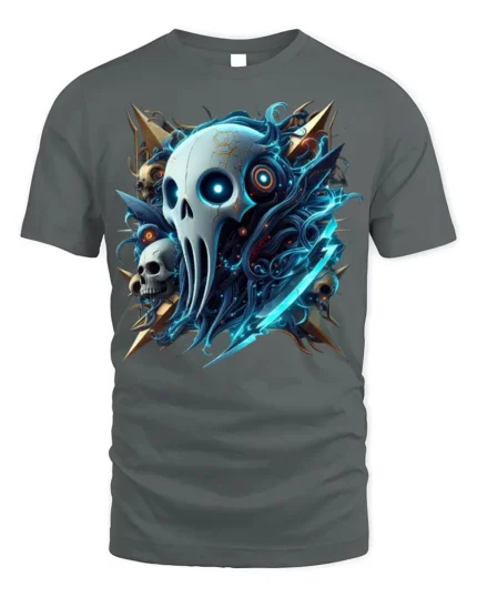 Cyber Reaper Skull T-shirt Gothic Tech Style Tee - gray t-shirt on white background