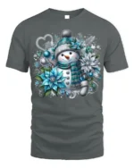 Snowman Christmas T-shirt with Blue Floral Design - gray t-shirt on white background