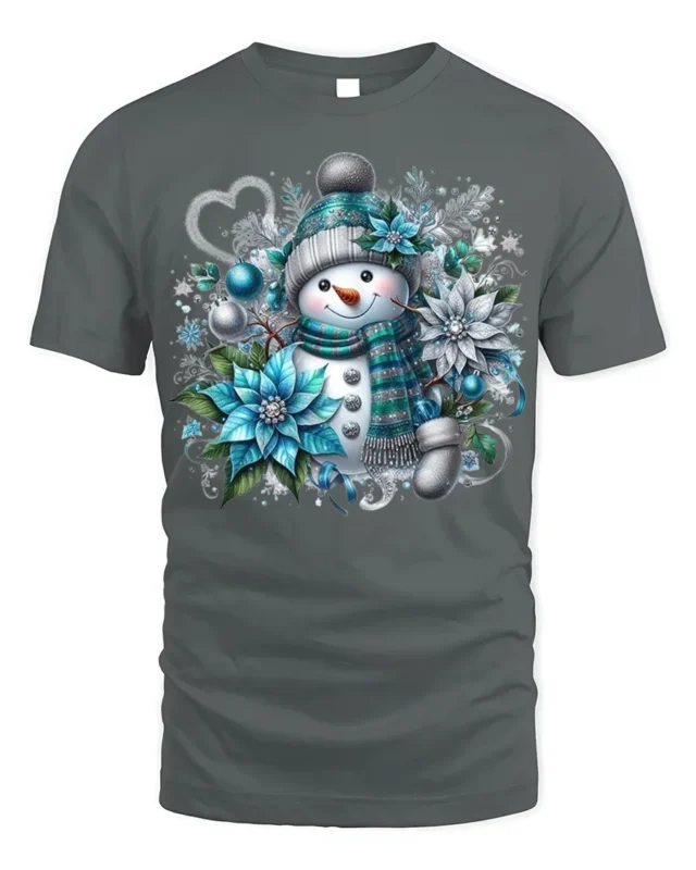 Snowman Christmas T-shirt with Blue Floral Design - gray t-shirt on white background