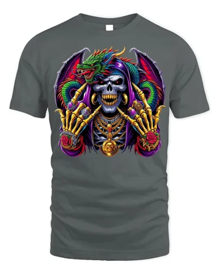 Grim Reaper Dragon T-shirt with Gothic Artwork - gray t-shirt on white background