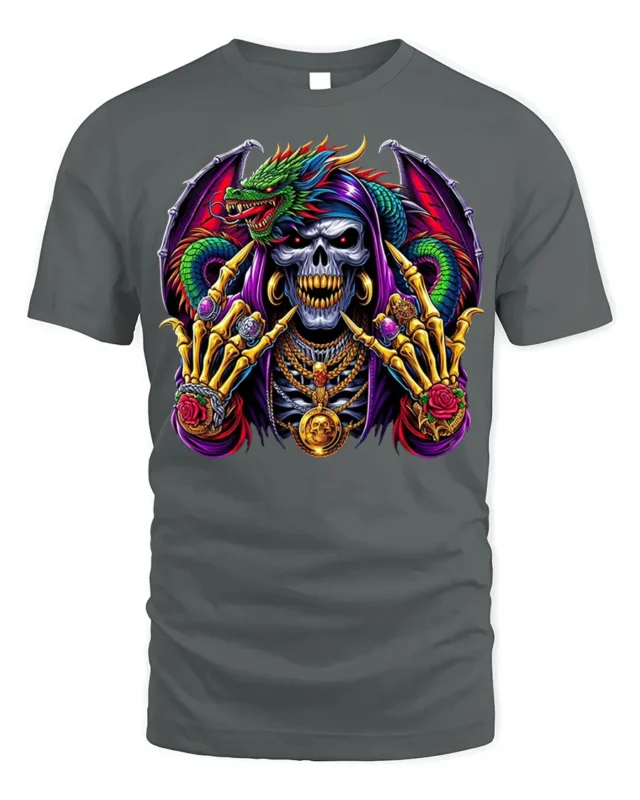 Grim Reaper Dragon T-shirt with Gothic Artwork - gray t-shirt on white background