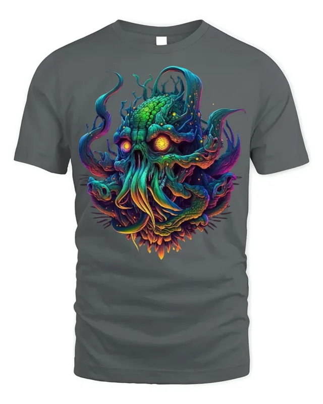 Psychedelic Cthulhu Skull Monster T-shirt - gray t-shirt on white background