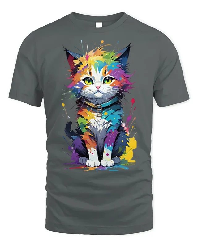 Colorful Paint Splash Cat Graphic T-shirt - gray t-shirt on white background