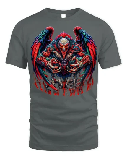 Savage Demon Rooster Graphic T-shirt for Men - gray t-shirt on white background